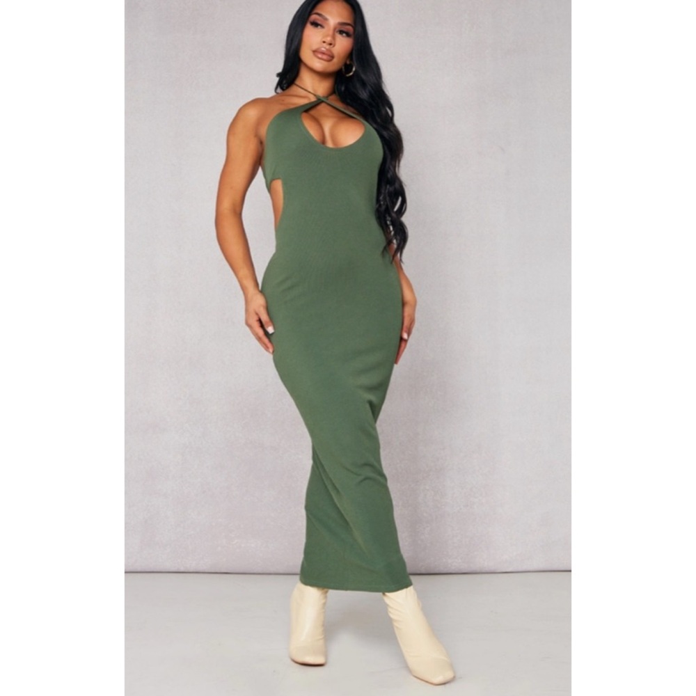 Shape Dark Olive Soft Rib Strap Detail Cut Out Midaxi Dress